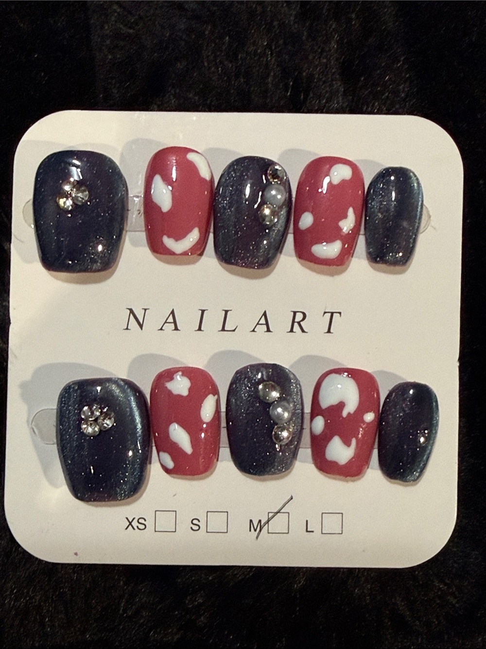 Blue Shimmer & Rose Cow Print Press-On Nails with Rhinestones